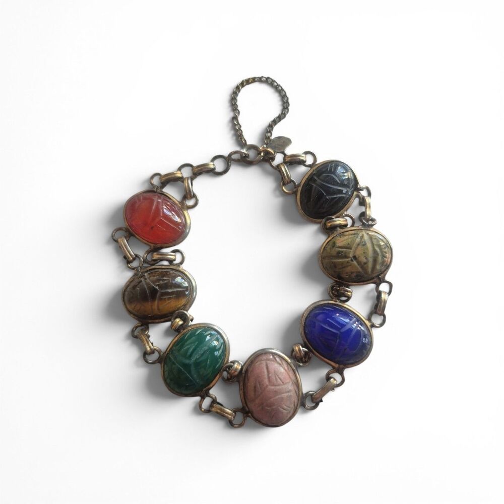 Vintage Winard Scarab Bracelet Gold Filled Safey Chain 7 Stone 6.75"